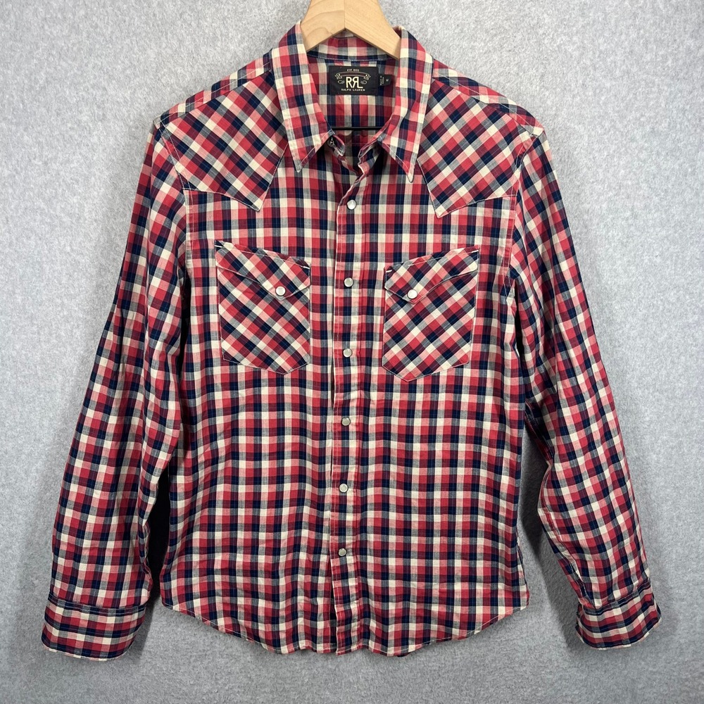 Double RL RRL Western Shirt Mens M Red Plaid Pearl Snap Long Sleeve Cotton EUC - Picture 1 of 10